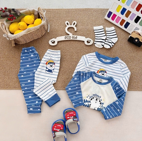 BT1081- Set 2 bộ thun díp dài tay xanh trắng kẻ Cute bé trai