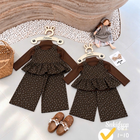 damgai24-set 3 món áo giLe hoa nhí phối quần suông kèm áo thun nâu cho bé gái 12-33kg)