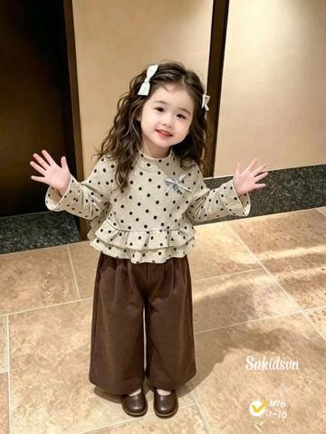damgai21-set áo baydoll bèo tầng chấm be mix quần suông nâu