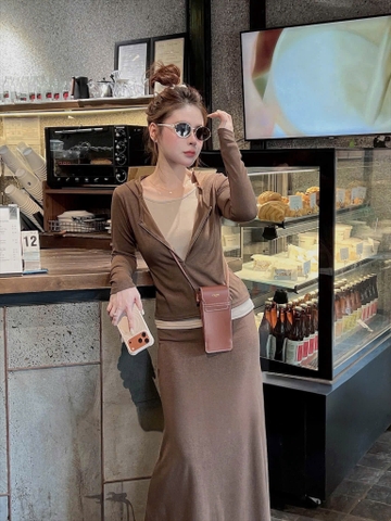 Set1047- set áo díp nâu phối chân váy midi dài