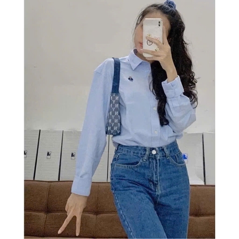 A194-Áo somi nữ kẻ xanh thêu gấu ngực