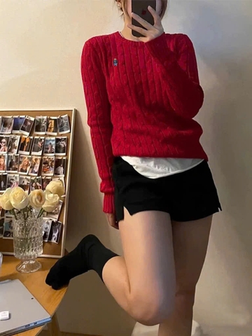 A368- Áo len thừng wHou màu đỏ cổ tròn tag Thêu