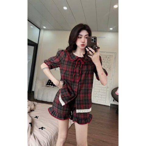 SET462- Set kẻ đen đỏ cổ sen cộc tay chất thô mềm