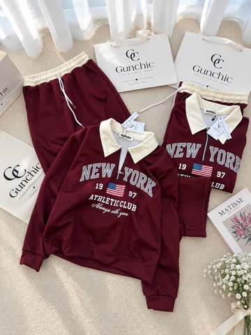 SET1059- Bộ nỉ haida đỏ có cổ NY phối quần suông