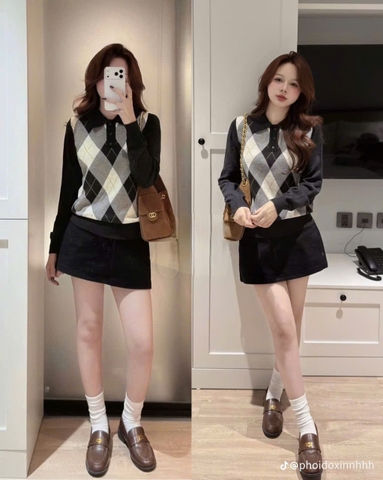 A558- Áo len cúc trước kẻ chám màu đen full tem nhà máy