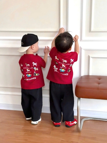 BT835- Bộ áo cộc tay đỏ ngựa phối quần jean đen bé trai 9-26kg