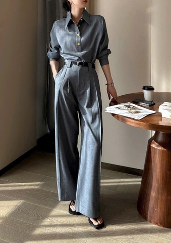 Set338- Set Áo sơ mi xám cổ đức kèm quần suông cúc đồng