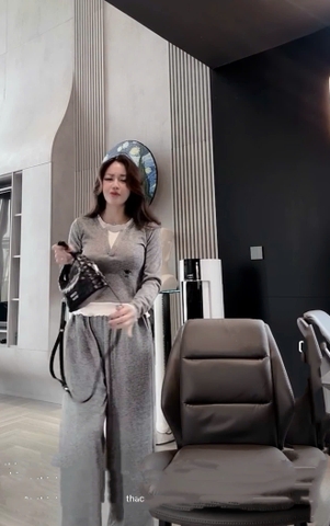 Set789- Set áo thun dài tay xám trắng phối quần suông dài