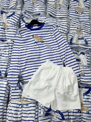 Set706- Set áo thun xước dài tay kẻ xanh phối quần short