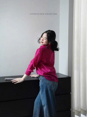 A560- Áo somi suông hồng nổi bật mẫu mới