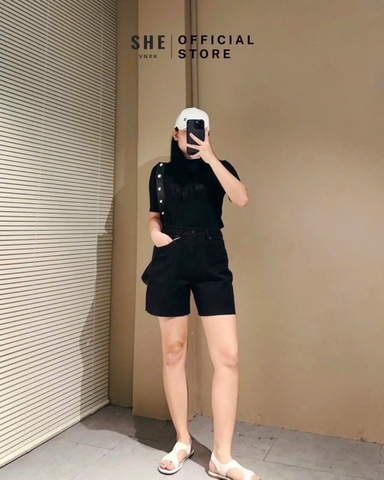 Quan044- Quần short jeans đen hàng máy full tem