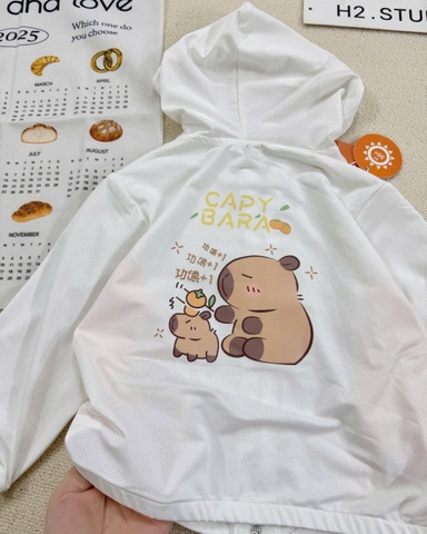 BT312- Áo thông hơi trắng phối có mũ trẻ em hoạ tiết in