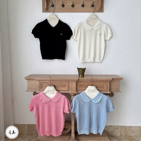 A347- Áo len Mongtoghi viền ren 4 màu tag kim loại