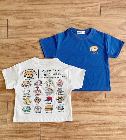 CB345- Combo 2 áo cotton LUCKY BOY xanh trắng cộc tay