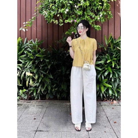 Set661- SET BỘ ÁO TƠ LI PHỐI CỔ REN HAI LỚP MIX QUẦN  BAGGY LI