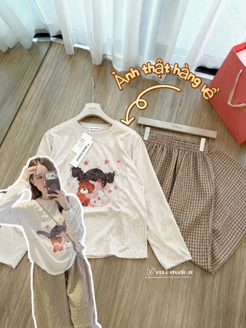 Set1056- Set áo giấy CÔ GÁI GẤU mix quần bom kẻ