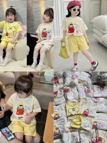 BT921-combo 2 bộ gái cotton dáng cộc in HI BEST vàng-trắng