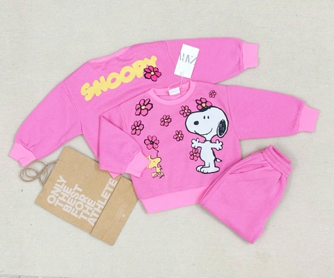 BN149- Bộ nỉ thu đông dài tay hoạ tiết Snopy hồng bé gái VNXK