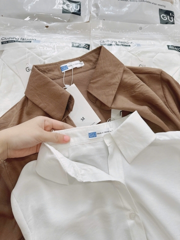 A122-Áo sơmi nữ đũi buộc lệch vạt 2 màu trắng nâu