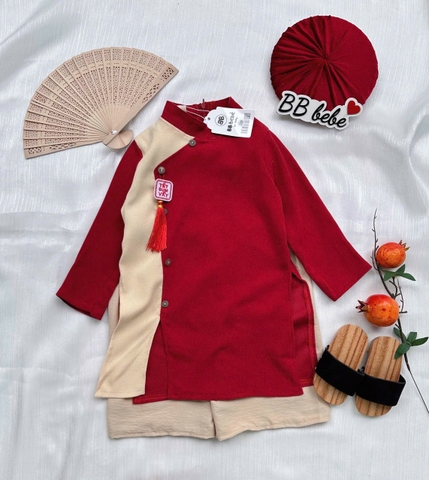 Bt804- Bộ áo dài lụa phối đỏ tặng kèm dây tết chữ thêu