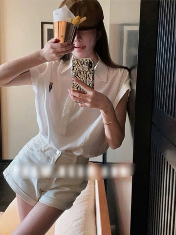 A255-Áo  sơmi nữ tay hến thêu gấu 2 màu xanh trắng