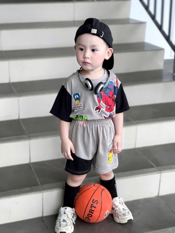 BT550-Bộ thun cộc bé trai Siêu nhân xám đen