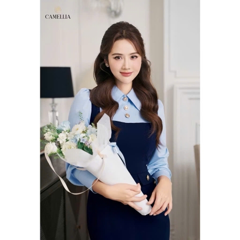 DAM134-Váy midi phối sơ mi liền cúc đồng