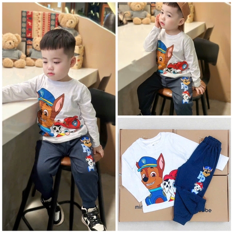 BN187-Bộ côtton thu đông dài tay bé trai CỨU HỘ TRẮNG XANH VNXK