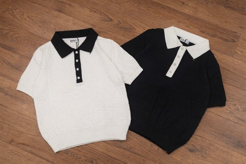 A508-Áo len cộc tay dệt kim cổ bẻ đen trắng mẫu mới 2026