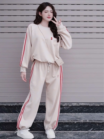 Set781- Bộ nỉ nữ haida màu be sọc đỏ dày dặn