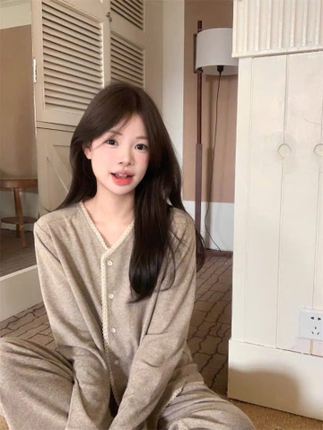 Set832-Set mặc nhà dài tay vải díp lông Phối ren đỏ và nâu