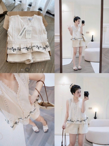 Set1024- Set trắng bèo lien thêu hoa quần cộc