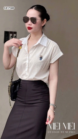 😚☘️☘️☘️SET513- SET SƠ MI TAY vạt thêu gấu mix CV bút chì