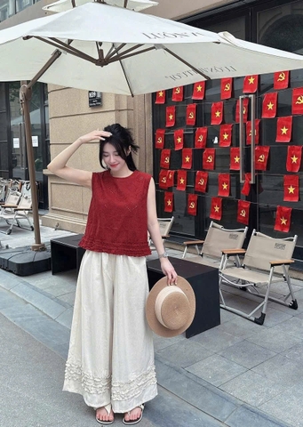 Set594- Set áo thô boi ren đỏ mix quần lien chân bèo dáng suông