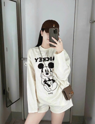 SET1019-Set áo thun dài mickey phối quần cộc be