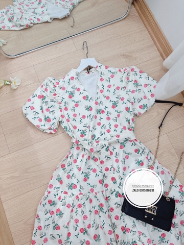 Đầm hoa hồng cổ V 2 lớp đai rời