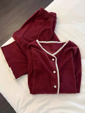 Set832-Set mặc nhà dài tay vải díp lông Phối ren đỏ và nâu