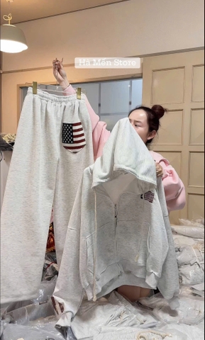 SET744-Bộ nỉ dày thu đông có mũ bo gấu