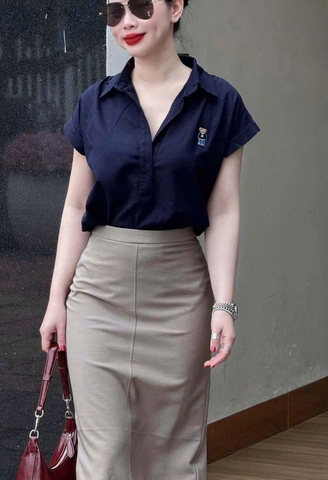 😚☘️☘️☘️SET513- SET SƠ MI TAY vạt thêu gấu mix CV bút chì