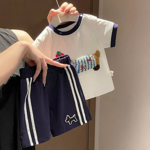 BT834- Bộ cotton đính chó nổi viền trắng-xanh trẻ em