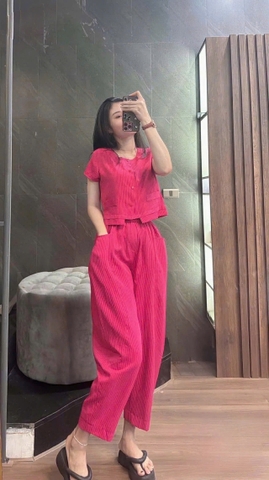 Set875-Set áo cộc kẻ hồng phối quần baggy dài