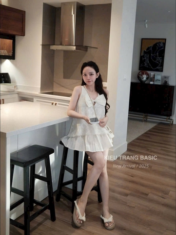 Set686- Set ren 2 lớp CV xếp ly màu trắng có lót quần