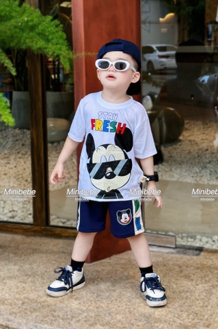 bT592- Bộ mèo kính đen trắng quần phối chất cotton bé trai