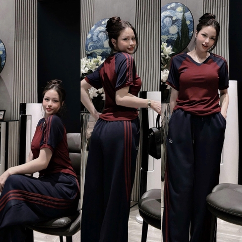 Set878-SEt mặc nhà áo cộc phối quần suông than viền đỏ