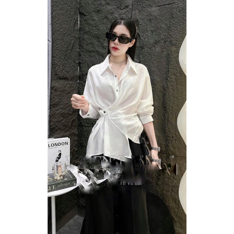 A114-Áo sơ mi nữ vạt chéo 2 màu tím trắng, vải đũi thái mềm mại, kiểu dáng thắt đai lệch eo
