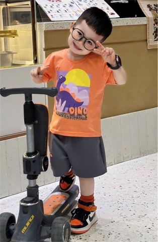 BT447- Bộ áo cotton KHỦNG LONG CAM mix quần cua màu ghi