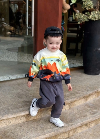 BN323-Bộ nỉ bông KHỦNG LONG CAM mix nỉ bông núi hộp bé trai