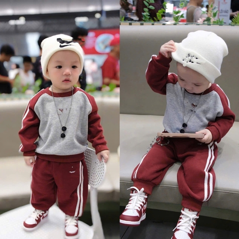 bt725- Bộ  thể thao ghi sọc đỏ chất nỉ haida