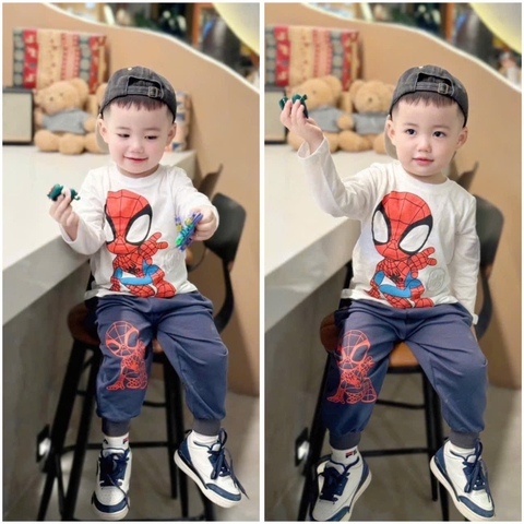 Bn164- (10-26kg)  Bộ thu dài tay thu đông bé trai Spider Man trắng xanh VNXK