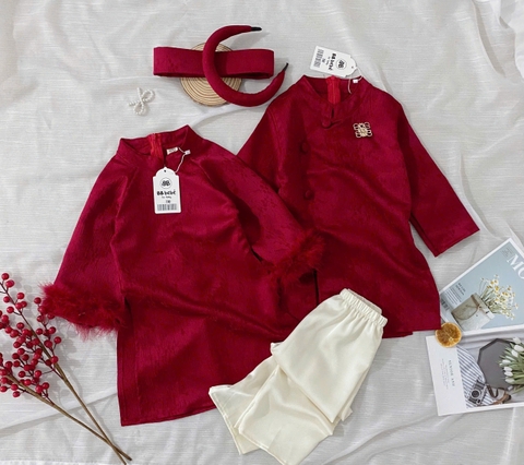 SETKID08-Set áo dài trai/gái tặng kèm mấn màu đỏ